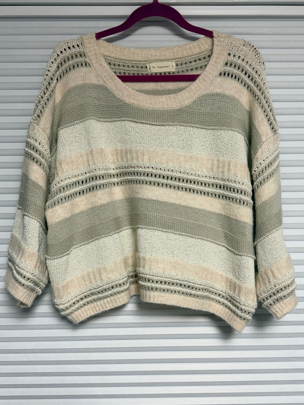 By Together Striped Open-Knit Sweater - Peach, Cream & Taupe - Medium